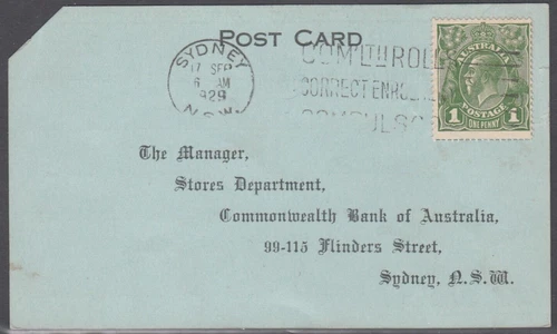Australian Stamps 1929 KGV Order Card. Commonwealth Bank .