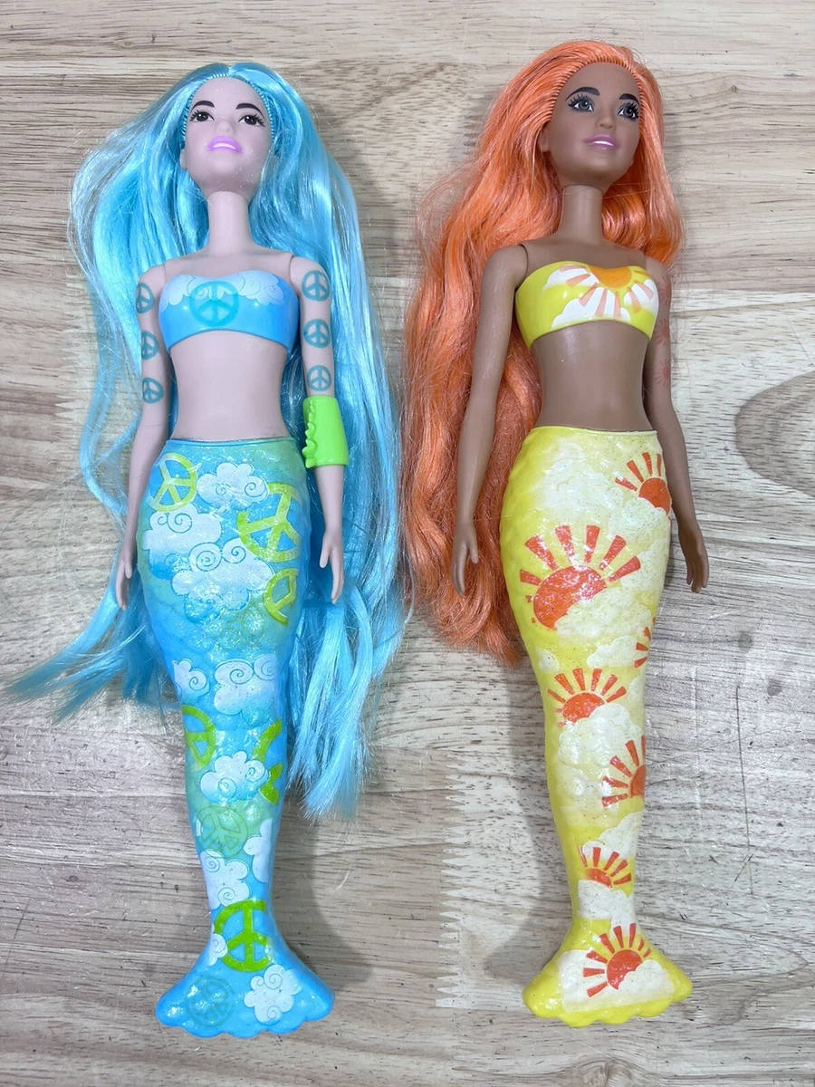 LOT OF 2 Barbie Color Reveal Mermaid Dolls Hair Orange Blue Tail No Fins