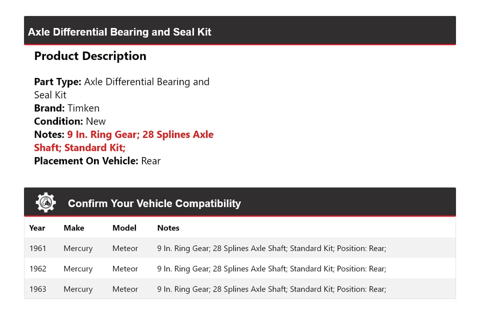 Kit de cojinete y sello diferencial eje Mercury Meteor 1961-1963 trasero Timken Foto 2 de 3