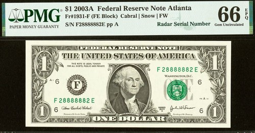 2003A 1 $ Federal Reserve Schein PMG Gem 66EPQ - Super Radar Seriennummer 28888882 - Bild 2 von 3