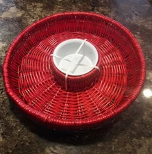 Red Wicker Chip Serving Party Basket & Dip Bowl  and Tray 