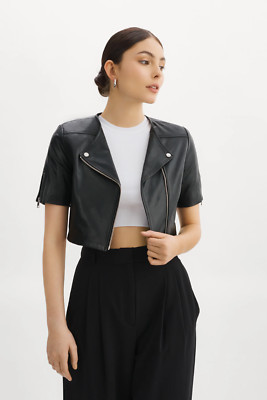 Women's Genuine Lambskin Leather Elegant Design Cropped Biker Black Jacket - 199