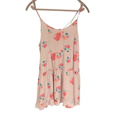 Free Press Floral Mini Dress S Pink Tiered Spaghetti Strap Ruffle Summer Boho