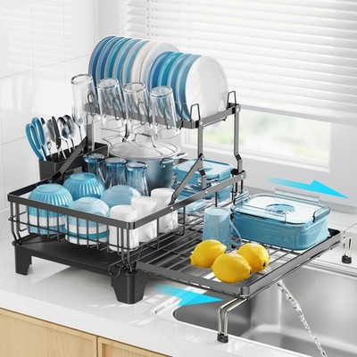 Large Dish Drying Rack 2 Tier, Expandable Kitchen Dish Drainer for Pots and P...