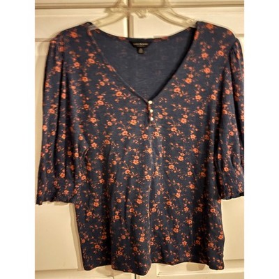 LUCKY⭐︎ Lucky Brand Womens Floral V-Neck 3/4 Puff Sleeve Button Top Blue