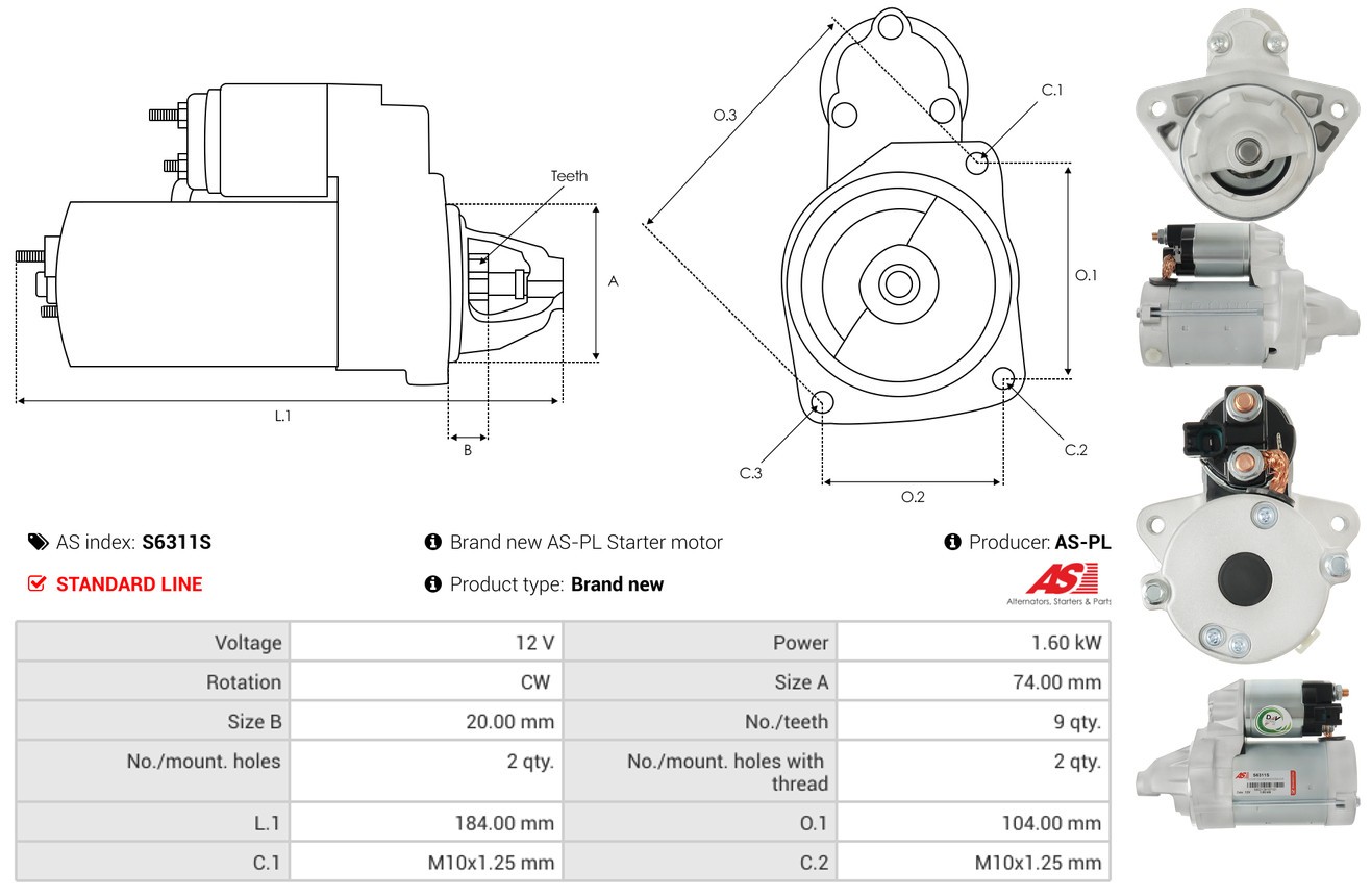 Fits AS ROZRUSZNIKI I ALTERNATORY S6311S ROZRUSZNIK BRAND NEW AS-PL STARTER MOT