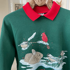 Vintage 90s Hanes Activewear Collared Sweatshirt Cardinal Bunny Snow Green Red L