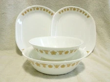 2 Corelle Gold Butterfly Serving Bowls 1 & 2 Quarts  2 - 10 by 12 Inch Platters