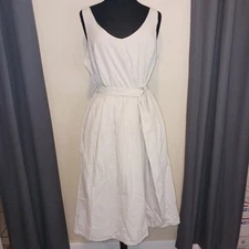 HOPE & HENRY Oraganic Fit & Flare Dress Seersucker Stripe Belted Midi A Line 14