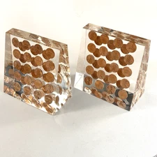 MCM vtg 1968 Copper Lucite Book End Art Sculpture US Coin Pennies Acrylic Desk