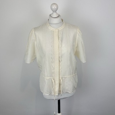 Frame Cinched Spitzenbesatz Bluse Shirt cremefarben neu mit Etikett Größe Large Damen Ladie