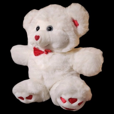 Dandee Teddy Bear White Plush Red Satin Hearts Bow Tie Valentine's Day Love VTG