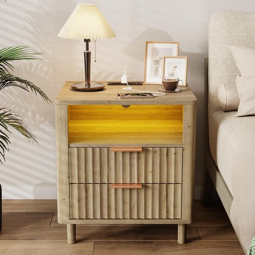 Night Stand with Charging Station, Fluted Bedside Table with 2 Drawers Storag...
