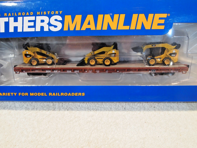 #ad #ad B.N.S.F. 60ft. PULLMAN STANDARD FLAT CAR WITH 3 ATTACHED quot;CATquot;272C SKID STEERS $60.00