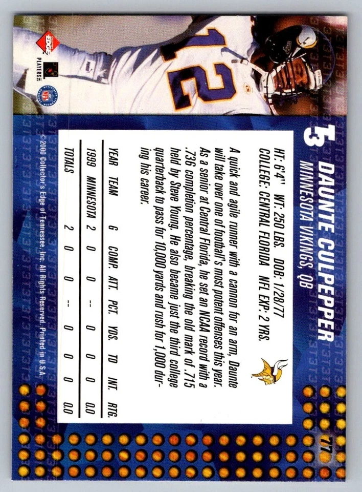 2000 Collector's Edge T3 - Daunte Culpepper #77  - Image 2 of 2