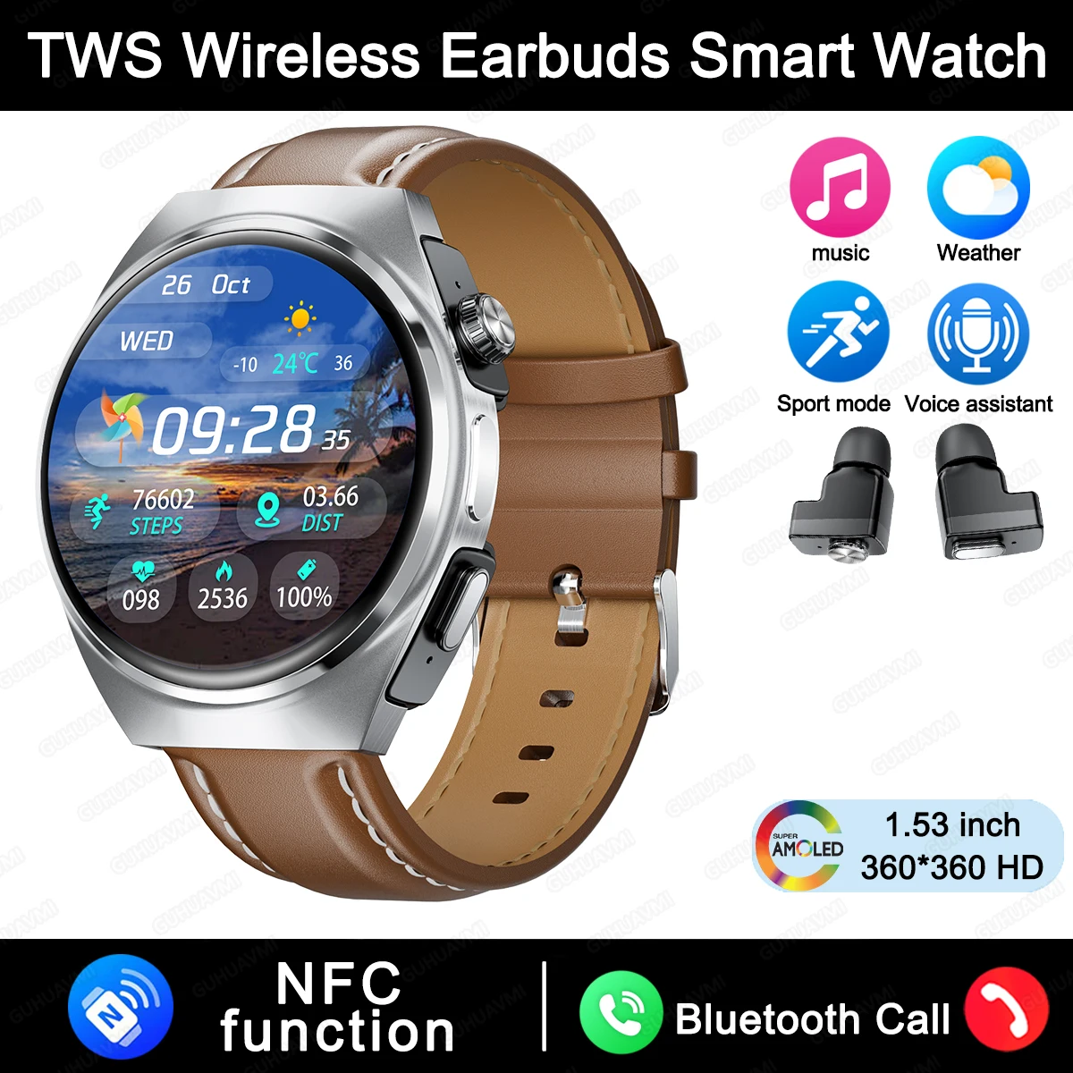 2025 Smart Watch with Wireless Bluetooth TWS Earbuds 2-in-1 Combo for Men