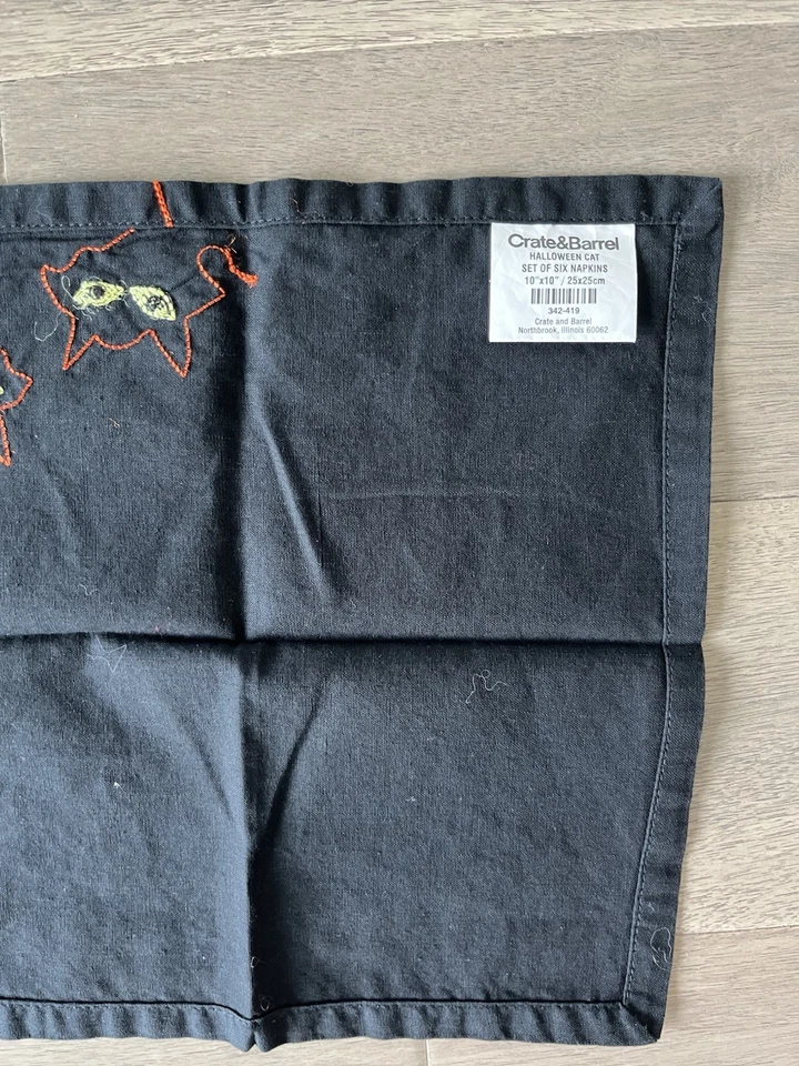 EUC Lot 7 Crate & Barrel Halloween Black Cat Orange Embroidered Square Napkins - Image 3 of 4