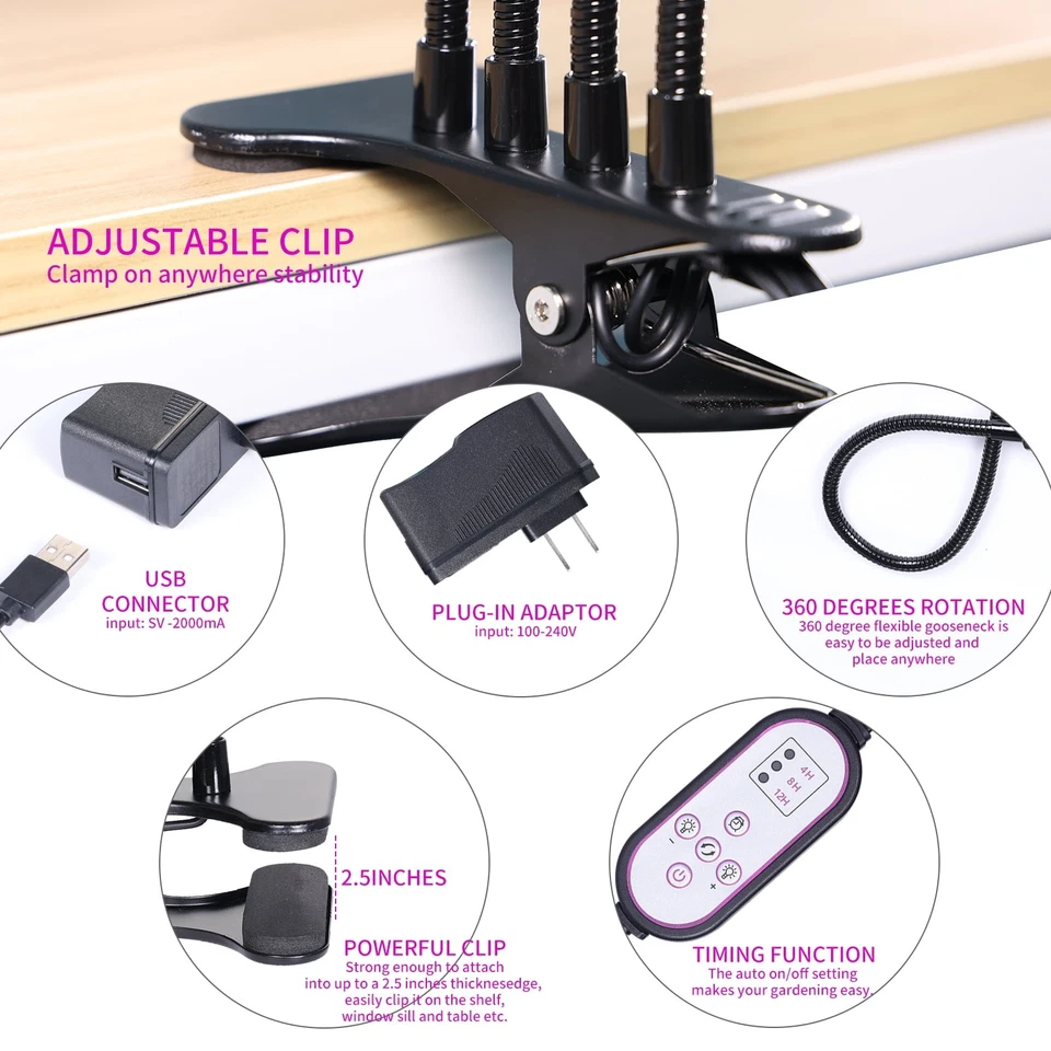 84 LED Grow Light, Red/Blue Spectrum, 4 Head Clip-on, Timer & Dimmable - Image 4 of 4