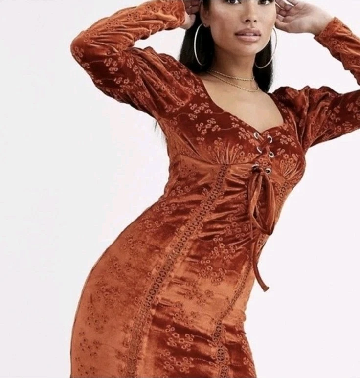 Asos Medieval Revival Burnt Orange Velvet Mini Dress Sz 12 - Image 4 of 4