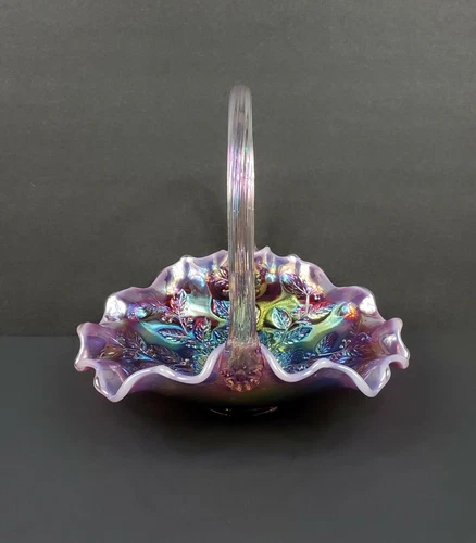 Fenton Iridized Plum Opalescent Ruffled Holly Berry Basket Excellent Condition