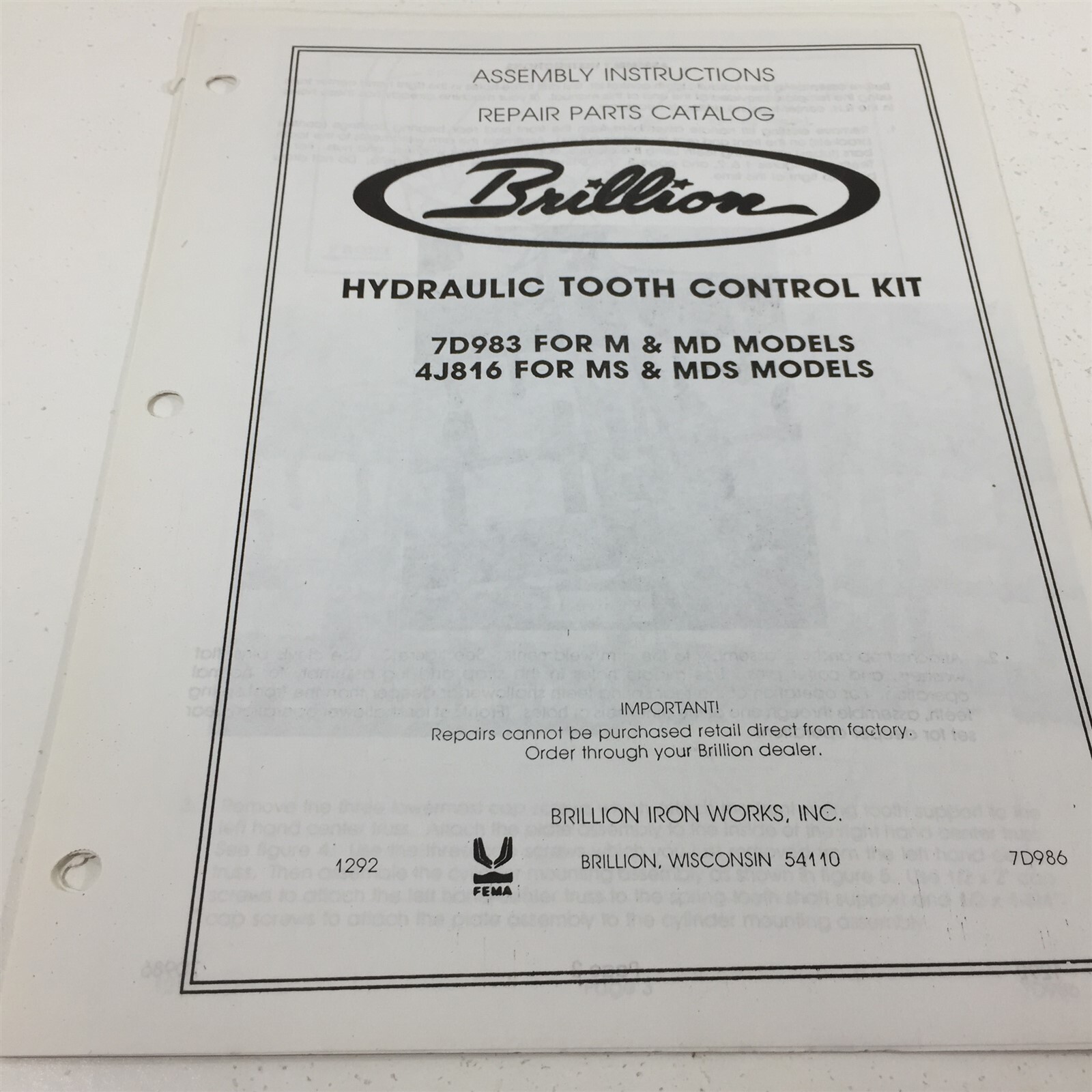 Brillion Hydraulic Tooth Control Kit M MD MS MDS Parts Catalog 7D986