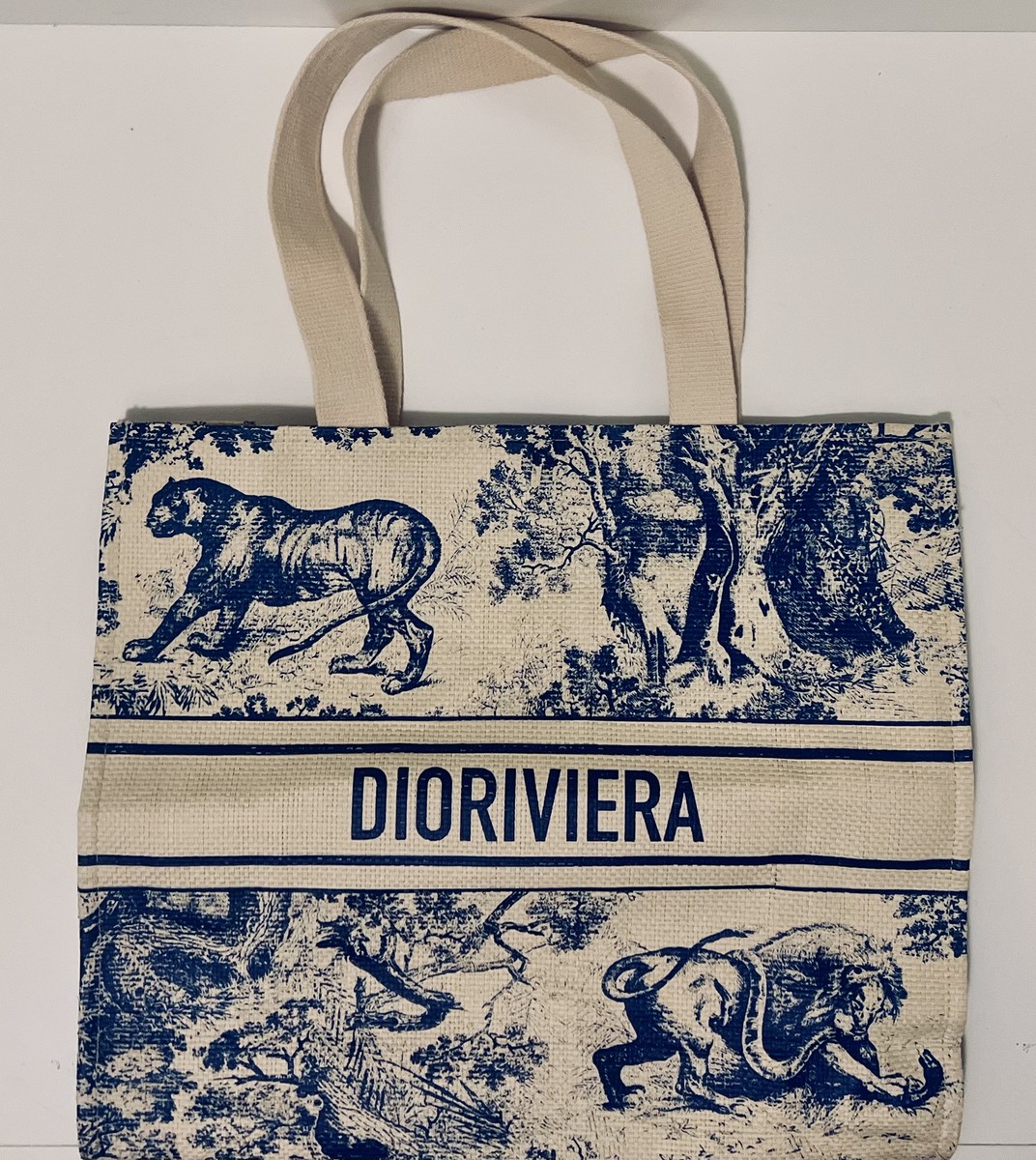 CHRISTIAN DIOR Straw Dioriviera Shopper Tote Ivory and Blue