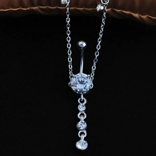 Women Sexy Rhinestone Dangle Belly Button Ring w/ Waist Chain Crystal Drop - Image 3 of 4