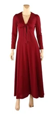 California Look Vintage 70s Burgundy Tie Front Maxi House Dress size M