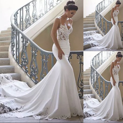 Mermaid Satin Wedding Dress Lace Applique Backless With Train V-neck Bridal Gown