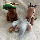 Lot Of 3 Ty Beanie Babies~Siesta the Donkey, Zodiac Horse & Peanut Elephant~New