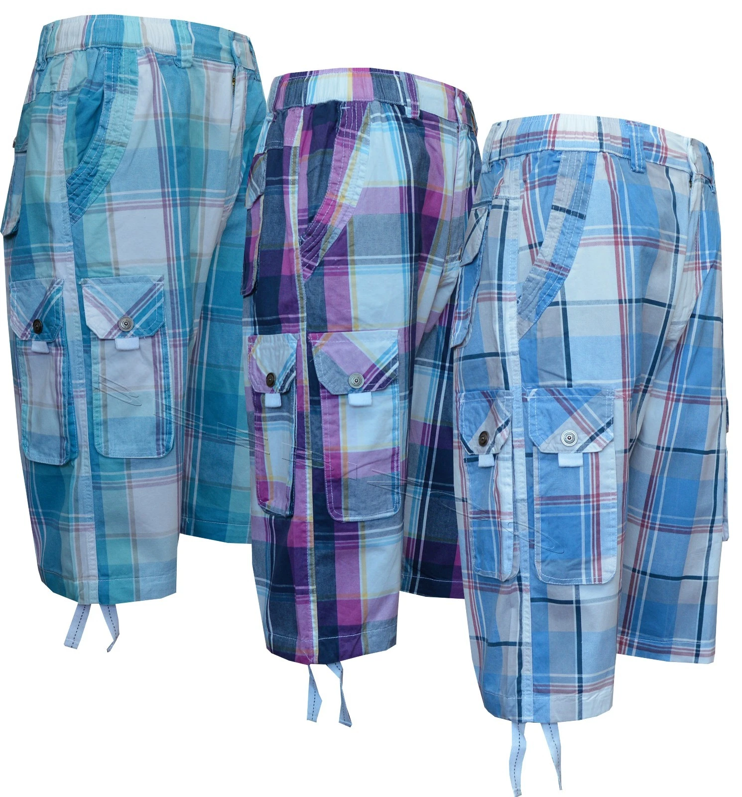 Plaid Cargo Shorts 3/4 Length 100% Cotton Check Elasticated Waist with 7 Pockets