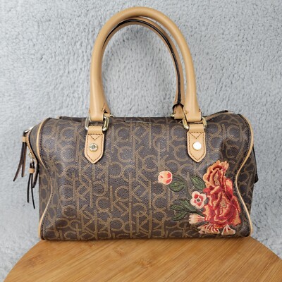 Calvin Klein Signature Embroidered Flower Top Zip Shoulder Bag Purse