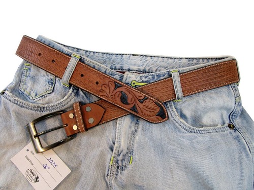 BASKET WEAVE TOOLED LEATHER MENS BELT 