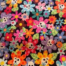 2 Yards Hi-Fashion Fabrics Day of The Dead Skeletons Skulls Flowers Florals