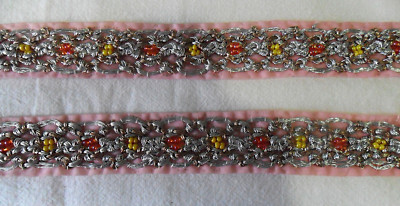 Vintage Pink Orange, Yellow Beaded TRIMMINGS Silver Braided Thread, India,1 Yard