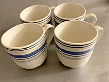 The Cellar /MACY'S/Coffee Cup Mug White Stoneware w/ Blue Band Stripes Set Of 4