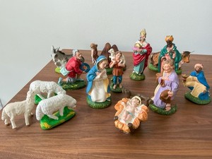 Vintage 60's Lot Of 14 Paper Mache Crèche Nativity Hand Painted In Italy