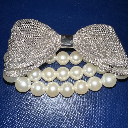 Bridal/Wedding 3 Strand Faux Pearl Bracelet With Big Silver Bow