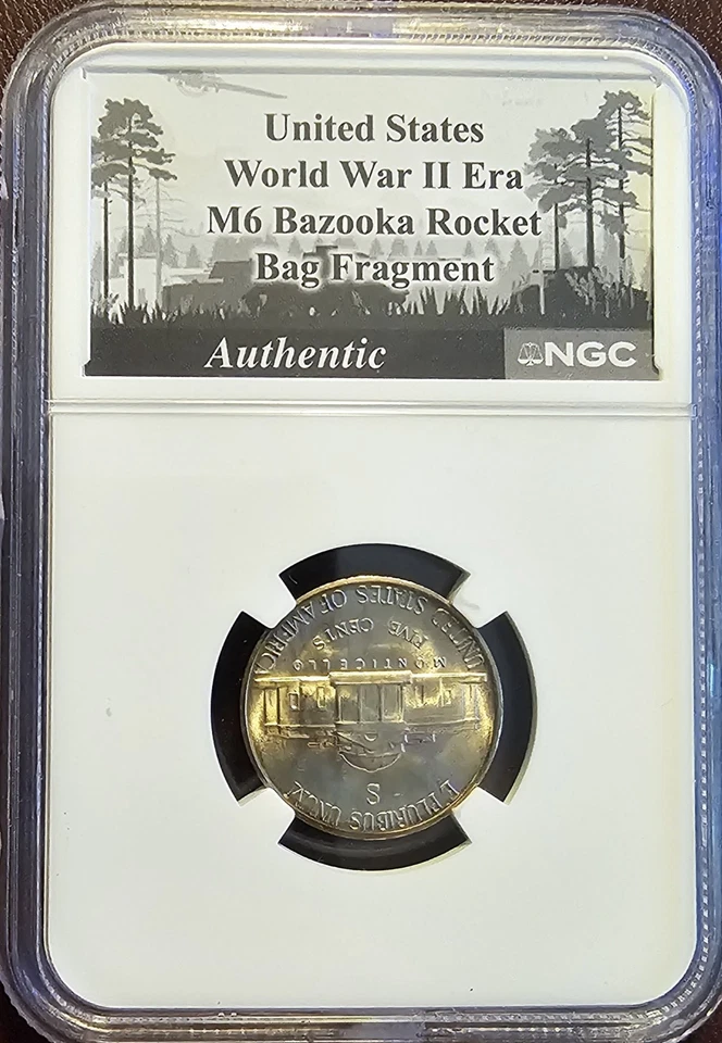 1944 D Jefferson Nickel NGC MS66/U.S. WWII Era M6 Bazooka Bag Fragment - Image 2 of 4