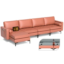 Modular L-shaped Sectional Sofa w/ 4 USB Ports & Reversible Chaise Coral Pink