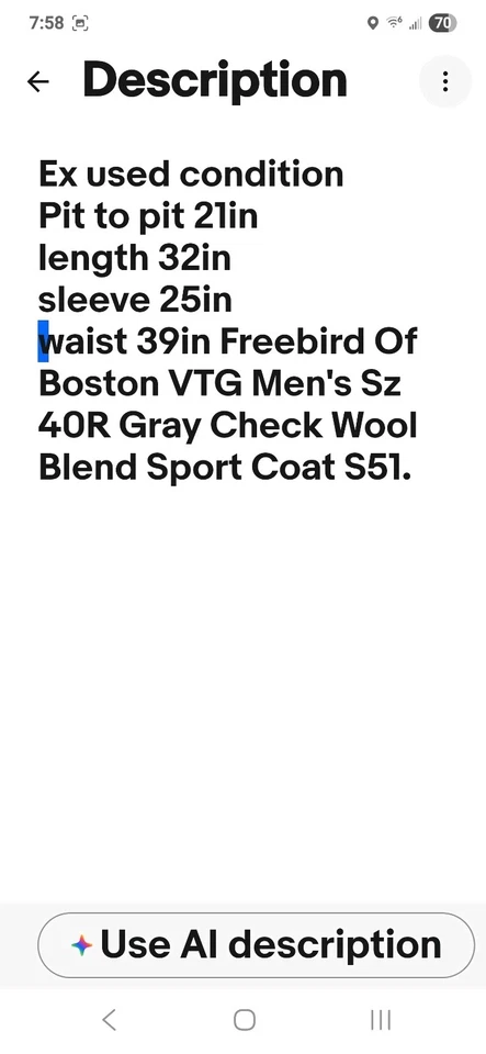 Abrigo deportivo Freebird Of Boston para hombre talla 40R gris a cuadros mezcla de lana S52 Foto 2 de 4