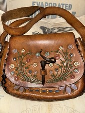Vintage 1970 Hand Tooled Hand Painted Leather Saddle Bag Boho Hippy