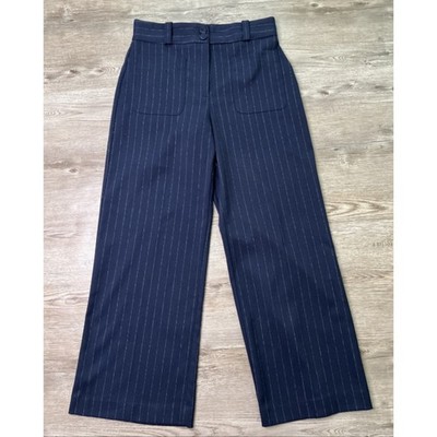 Mango Suit Pinstripe Wide Leg Trousers Womens 6 Navy Office Career Tailored Work