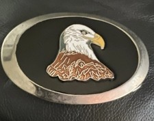 Vintage Bald Eagle Head Belt Buckle Oval Silver Tone Enamel Patriotic USA