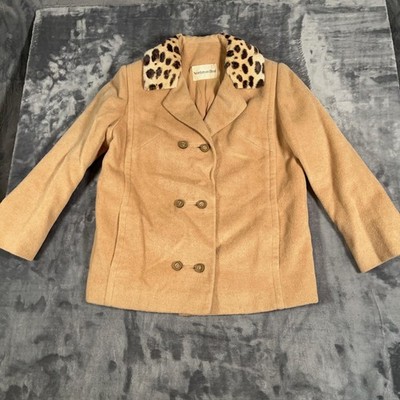 True Vintage Nordstrom Coat Womens Medium Camel Hair Leopard Collar Peacoat 60s