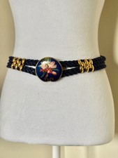Vintage 1980s Dark Blue Rope Belt With Cloisonn  Iris Buckle / Vintage Blue Belt
