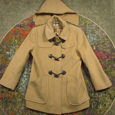 Vtg Larry Levine Camel Hair Blend Coat Women 12P Removable Hood Toggle Buttons