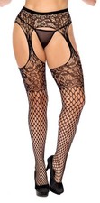 Black Fishnet Garter Lace belt Suspender Diamond Net Stockings Queen Size