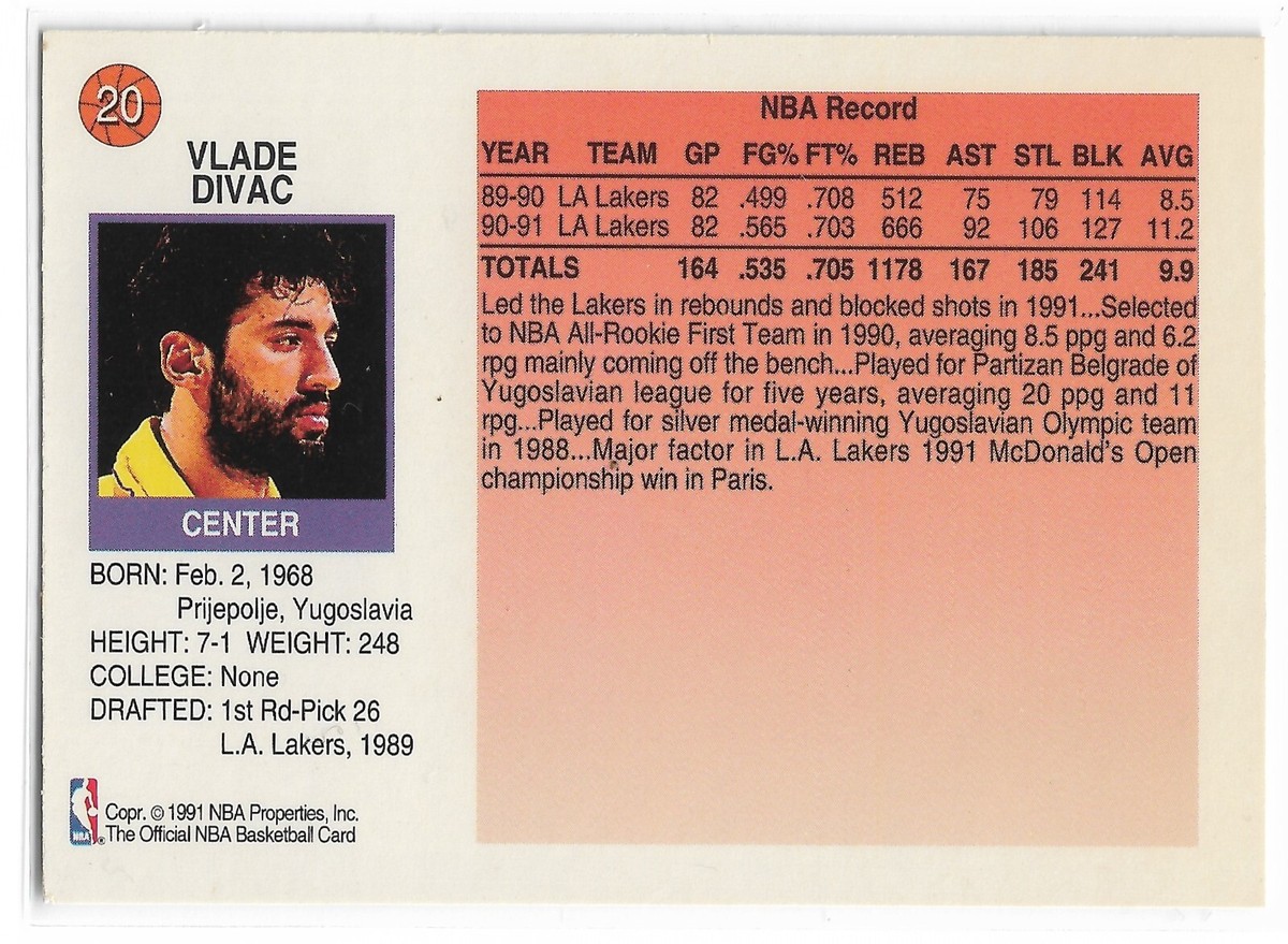 1991-92 NBA HOOPS Vlade Divac #20 Los Angeles Lakers