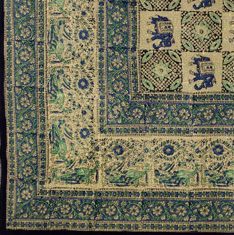 Elephant Block Print Batik Floral Tapestry Wall Hanging Spread Cotton Full Green - Image 3 of 3